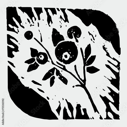 Linocut illustration of red bilberry icon. Vector cowberry drawing with linoleum print texture. Red Bilberry logo design. Redberry symbol design. Engraved floral drawing. Organic berries sign.