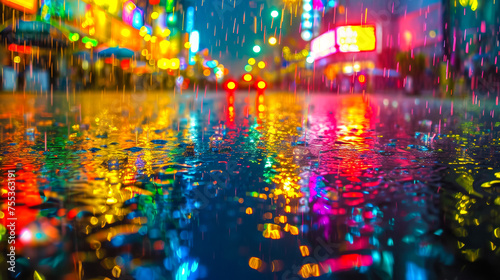 A rain shower transforms a city street into a canvas of reflected neon lights  each droplet a miniature prism  adding a surreal  magical dimension to the urban scenery
