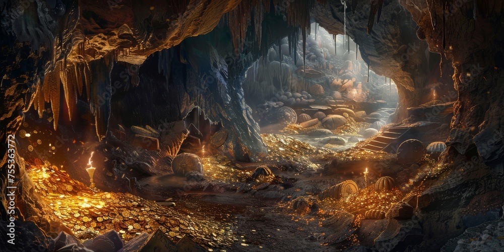 Cave of Wonders Filled with Gold- Set inside a vast cave brimming with gold coins, gem-encrusted goblets, and priceless artifacts, lit by the glow of torches created with Generative AI Technology - obrazy, fototapety, plakaty 
