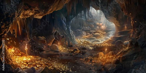 Cave of Wonders Filled with Gold- Set inside a vast cave brimming with gold coins, gem-encrusted goblets, and priceless artifacts, lit by the glow of torches created with Generative AI Technology photo