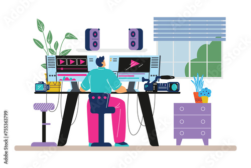 Video editor or maker creates movie or clip, flat vector illustration isolated.