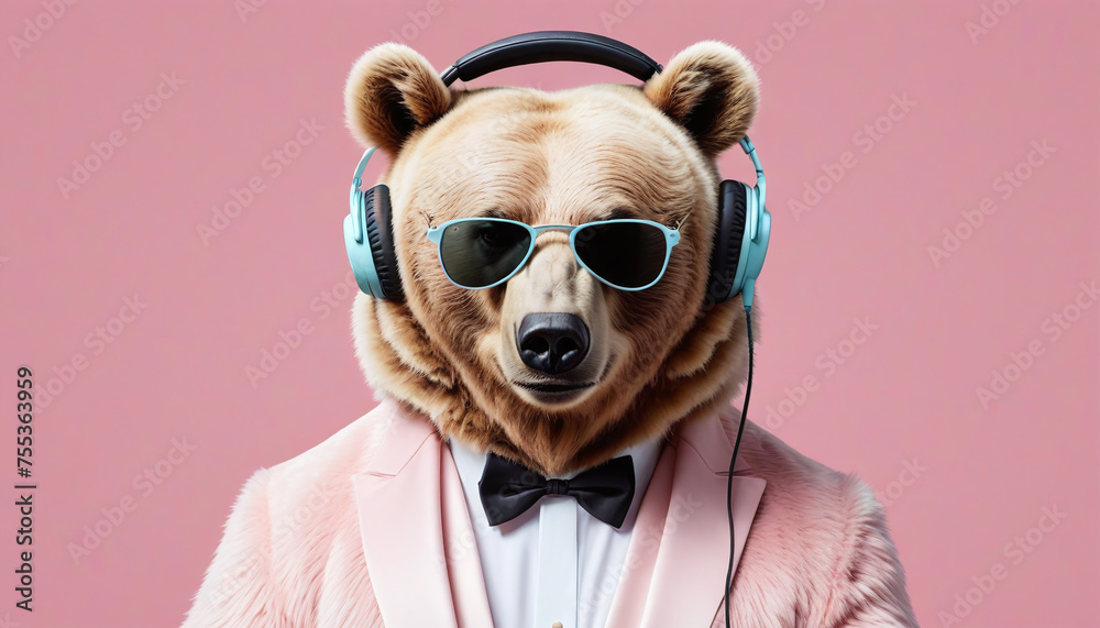 bear in a suit with sunglasses and headphones. Pastel background