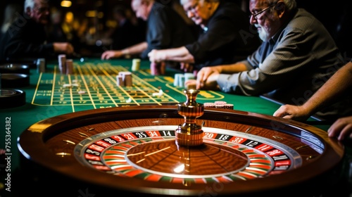 Casino croupier spinning roulette wheel, tense players anticipating big win in thrilling game