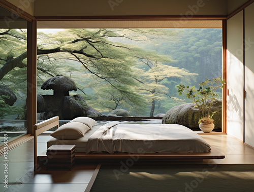 Minimal Japanese bedroom with natural light streaming in through a large window, wooden accents, and tatami flooring.