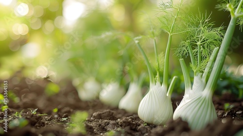 A close-up of an open-soil fennel bulb budding over a cultivation backdrop and space, Generative AI.