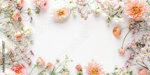 flatlay top view photo of spring flowers wreath on white background, bronze gold soft pink colors, afternoon light 