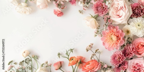 flatlay top view photo of spring flowers wreath on white background, bronze gold soft pink colors, afternoon light