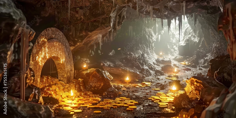 Cave of Wonders Filled with Gold- Set inside a vast cave brimming with gold coins, gem-encrusted goblets, and priceless artifacts, lit by the glow of torches created with Generative AI Technology