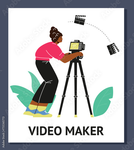 Television video operator looking through camera on tripod, cartoon video maker vector poster with leaves, film clapper