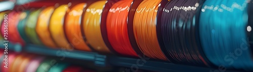 A row of colorful plastic spools for 3D printers sits on a shelf in a makerspace or workshop. These spools feed filament into 3D printers to create objects.