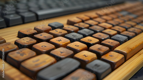 A close-up photo of a natural wooden computer keyboard with dark, rectangular keys. The keyboard has a vintage aesthetic and a classic design.