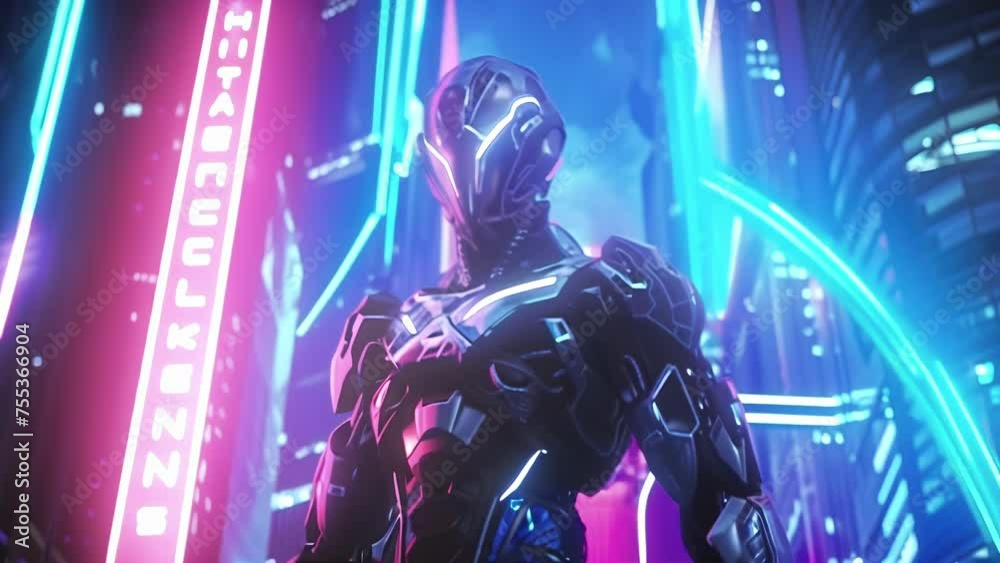 A striking main menu screen featuring a futuristic cybernetic warrior standing tall against a neon cityscape backdrop with Cybernetic Chronicles displayed in bold futuristic A striking main menu screen featuring a futuristic cybernetic warrior standing tall against a neon cityscape backdrop with Cybernetic Chronicles displayed in bold futuristic