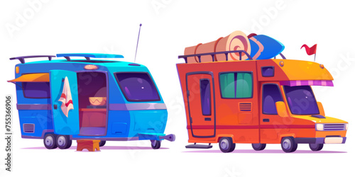 Camper van with baggage on top and open door for family travel concept. Cartoon vector set of caravan car and motorhome for summer recreational vacation. Vintage rv trailer vehicle for trip.