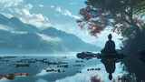Buddha statue at water pond and lotus flowers, Buddha Statue under a Autumn tree, ai generated