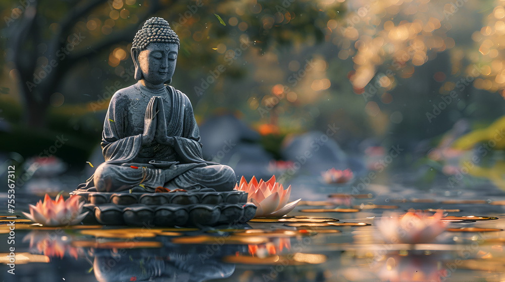 Buddha statue at water pond and lotus flowers, ai generated