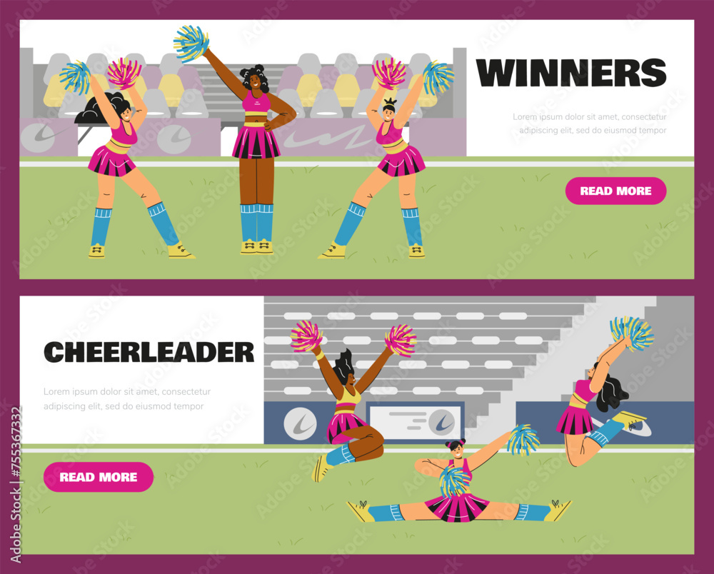 Fototapeta premium Flyers with cheerleaders of sports teams on field, flat vector illustration.