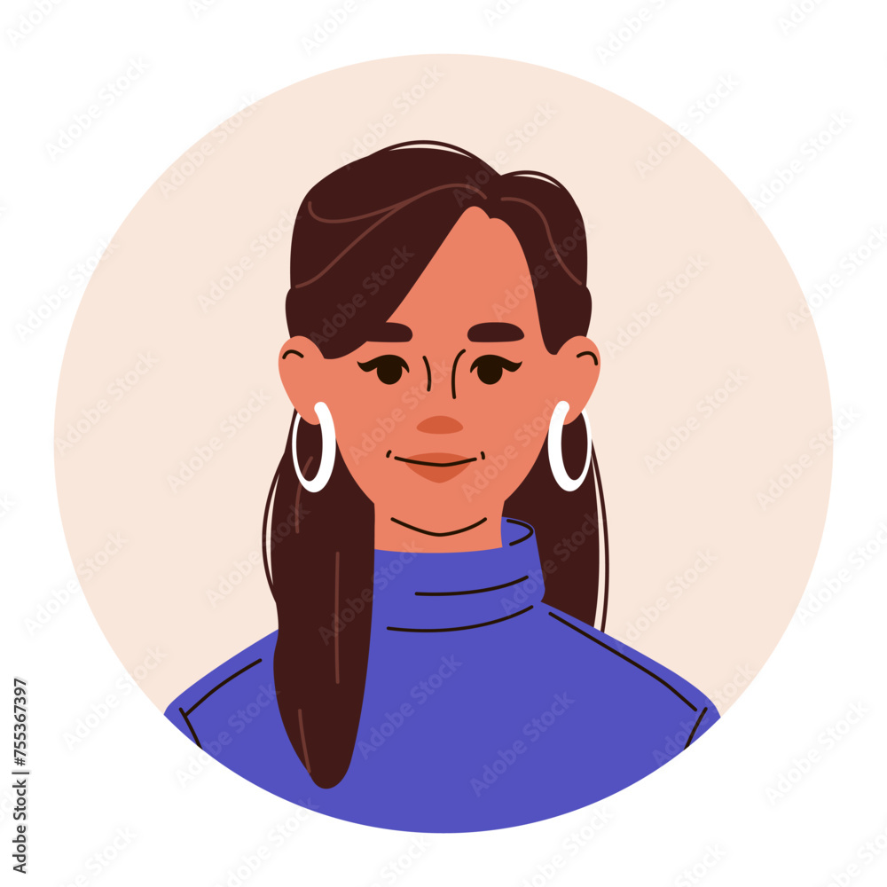 Head portrait of a brunette woman with round earrings wearing a blue turtleneck sweater. Vector flat round user profile icon isolated on white background. Head portrait of a brunette woman with round earrings wearing a blue turtleneck sweater. Vector flat round user profile icon isolated on white background.