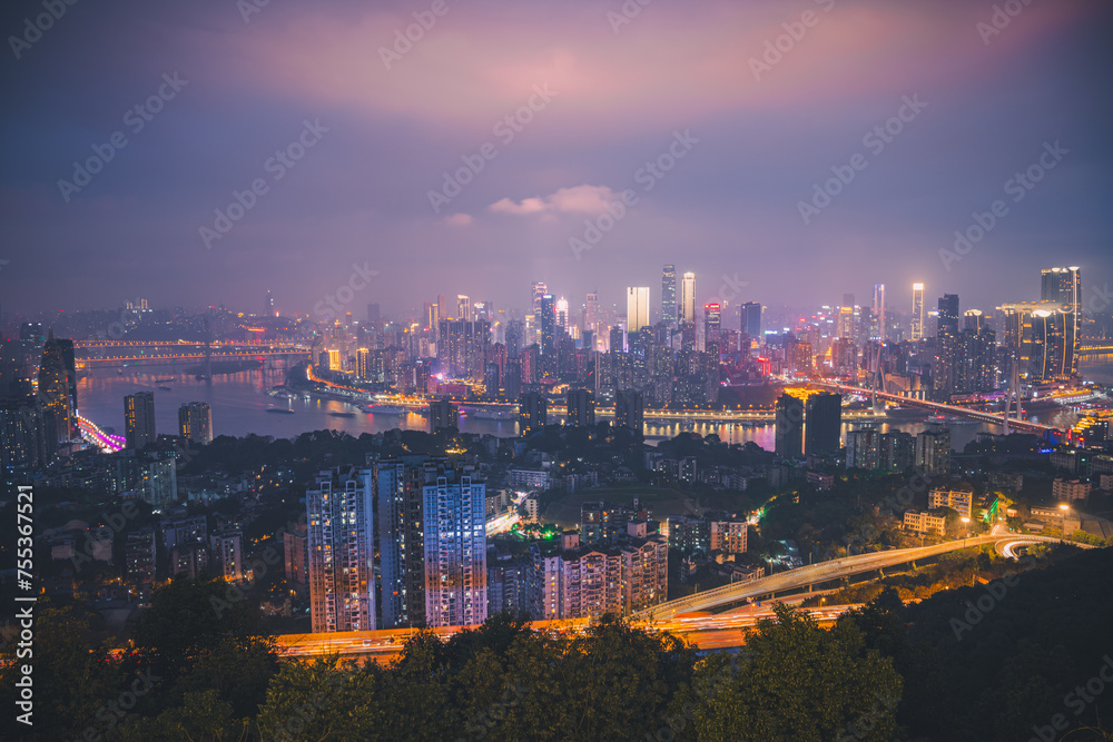 Night city architecture landscape and colorful lights in Chongqing