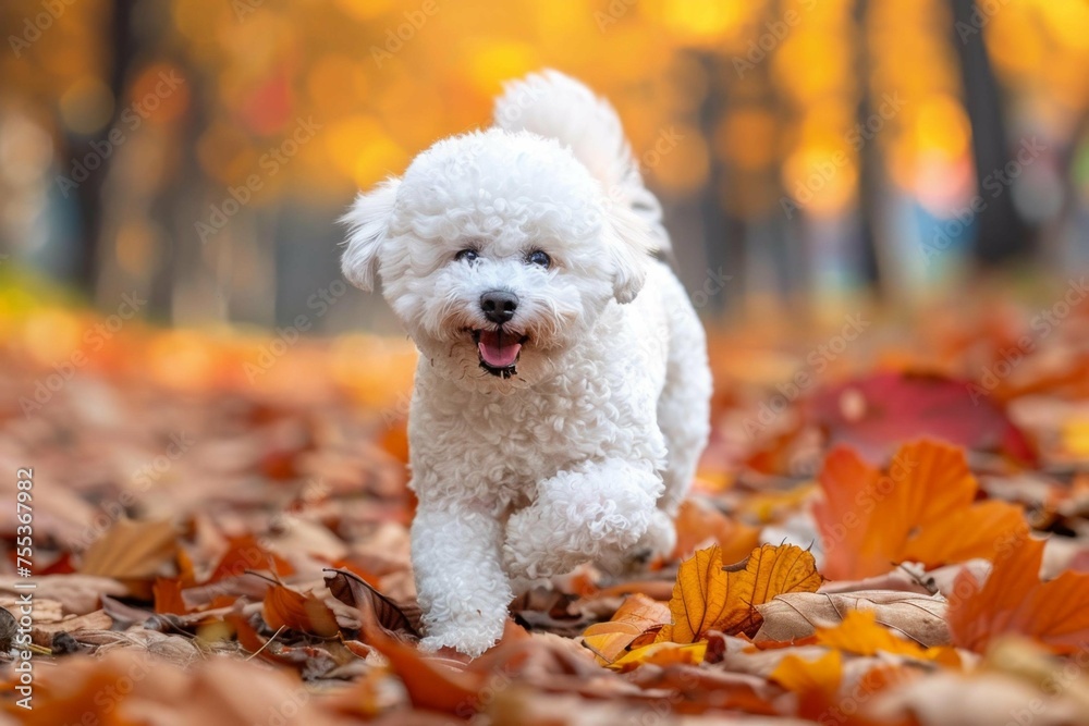 A Bichon Frise dog frolicking among autumn leaves A Bichon Frise dog frolicking among autumn leaves