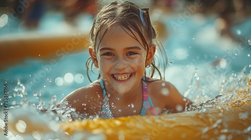 A happy American little girl having fun in water in water park with a blurry backdrop and water splashes and space for text or product, Generative AI.