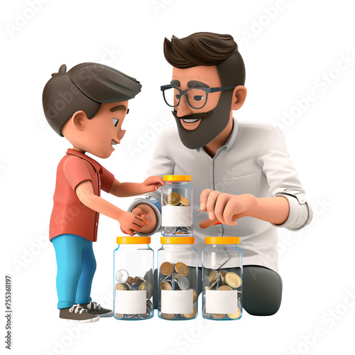 Father showing his kid how to save money using clear jars labeled with savings goals