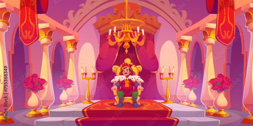 Young king with crown sitting on golden royal throne on pedestal in castle hall room with red carpet and wall curtain decoration, flags and stone columns, chandelier and big windows, candles and roses - obrazy, fototapety, plakaty 