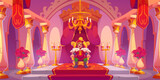 Young king with crown sitting on golden royal throne on pedestal in castle hall room with red carpet and wall curtain decoration, flags and stone columns, chandelier and big windows, candles and roses