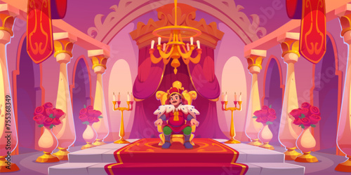 Young king with crown sitting on golden royal throne on pedestal in castle hall room with red carpet and wall curtain decoration, flags and stone columns, chandelier and big windows, candles and roses