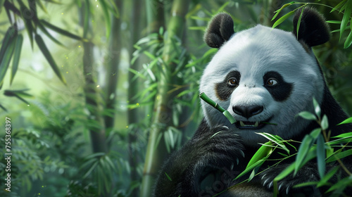 a charming scene of a panda delicately holding a bamboo leaf stick in its paws, capturing the serene beauty of its bamboo forest habitat High detailed and high resolution smooth and high quality photo