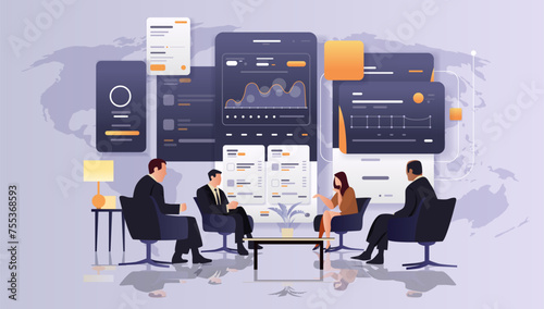people analyzing graphs and diagrams on digital screens financial security reliability stability growth fintech business investment