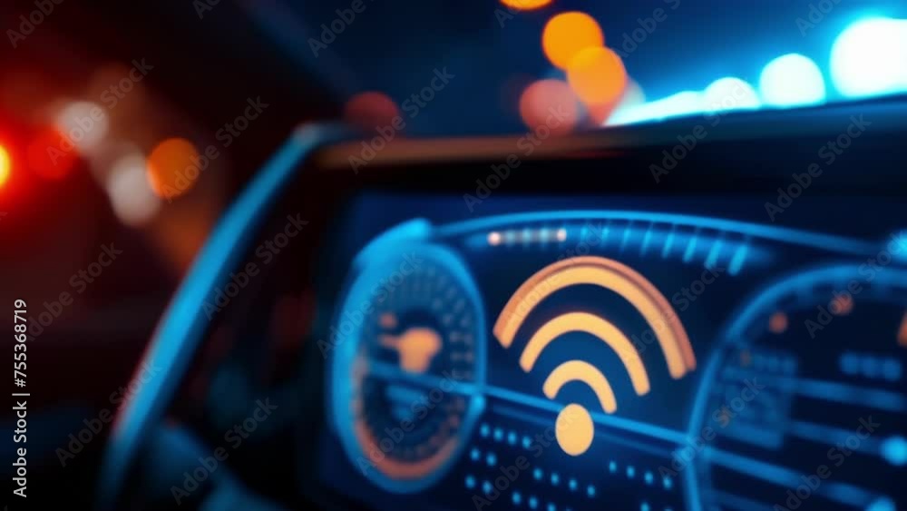 Closeup of WiFi connectivity symbol on a cars touchscreen display showcasing its seamless integration of technology. Closeup of WiFi connectivity symbol on a cars touchscreen display showcasing its seamless integration of technology.