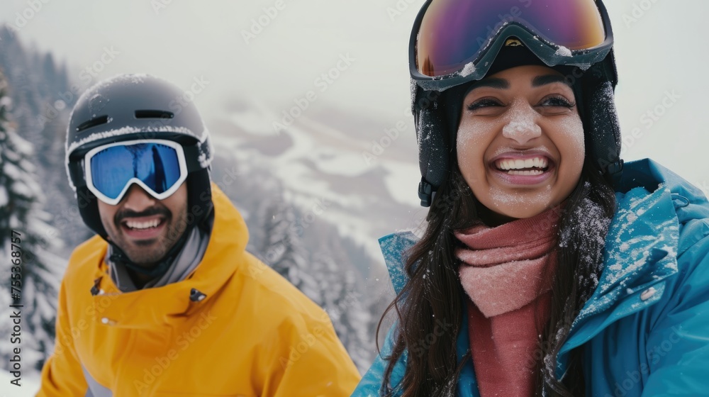 A Smiling Snowboarder and His Friend Posing for a Photo A Smiling Snowboarder and His Friend Posing for a Photo