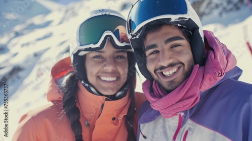A happy couple enjoying a skiing adventure