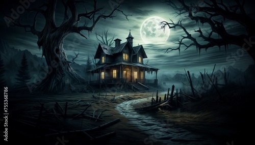 Halloween background with haunted house and full moon.