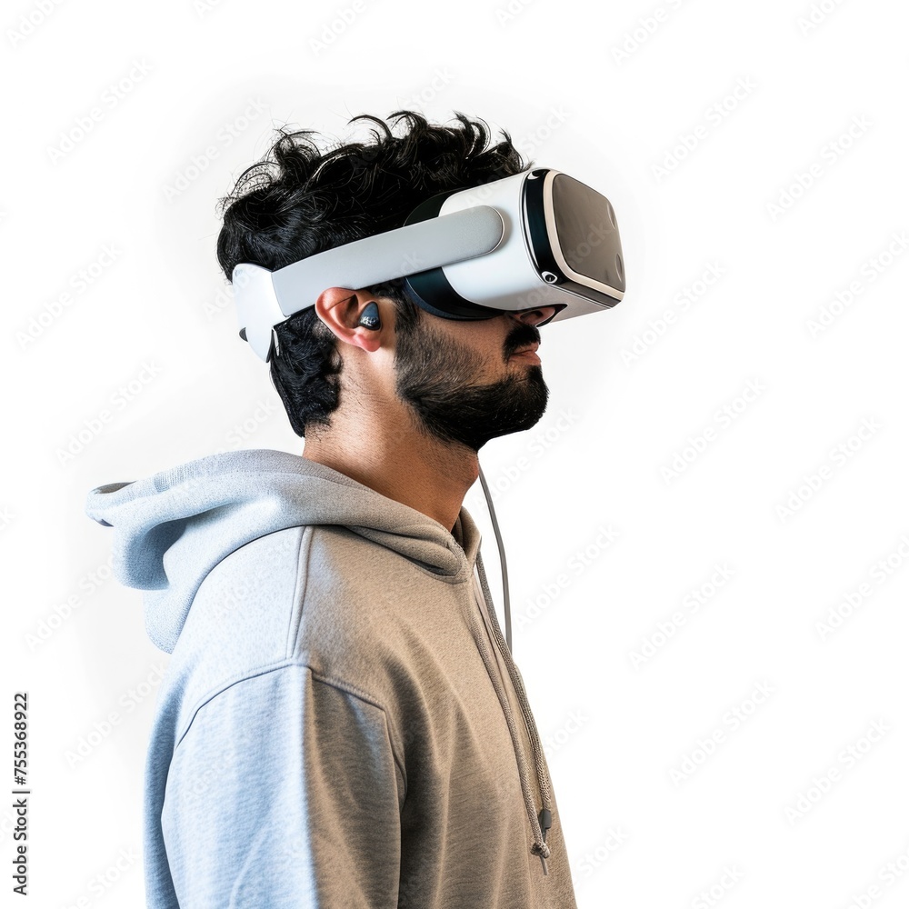 A man wearing a grey hoodie and a new age of technology - Virtual Reality Goggles - - exploring the possibilities in a digital world. A man wearing a grey hoodie and a new age of technology - Virtual Reality Goggles - - exploring the possibilities in a digital world.