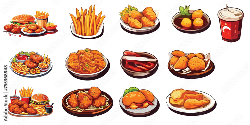 vector flat illustration of street fast food collection. burgers, fries, fried chicken, meat sandwiches. tomato sauce. fried noodles vector flat illustration of street fast food collection. burgers, fries, fried chicken, meat sandwiches. tomato sauce. fried noodles