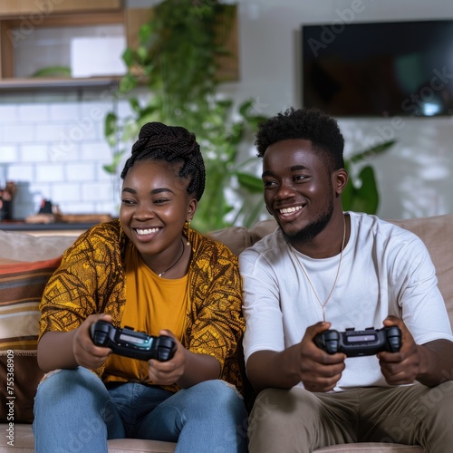 A happy young couple playing video games together on a couch.