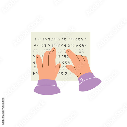 Braille language, vector hands tracing the points on pages, reading text on sheet with braille font letters for blind