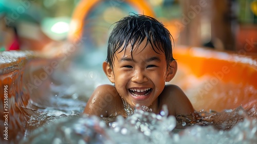 A happy Asian little boy having fun in water in water park with a blurry backdrop and water splashes and space for text or product  Generative AI.