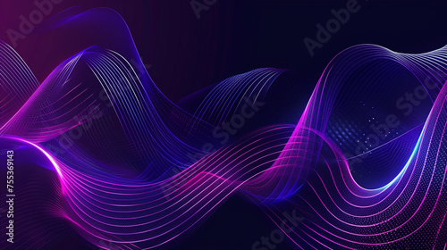 Dark abstract background with glowing wave. Shiny moving lines design element. Modern purple blue gradient flowing wave lines. Futuristic technology concept. Vector illustration High detailed