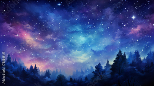 A watercolor painting of the night's unfurls over a misty forest landscape, with a myriad of stars peppering the vibrant, color-shifting sky in this digital painting.