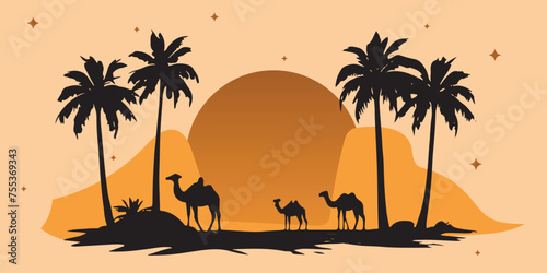 vector silhouette of a group of camels walking among the desert in the afternoon red sky and falling sunset. Ramadan landscape background or Arabic holiday.