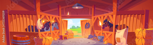 Horse stable interior design. Vector cartoon illustration of farm animals inside wooden barn, hay stacks, old barrel, pitchfork and shovel instruments, metal bucket, fabric sack, summer landscape view