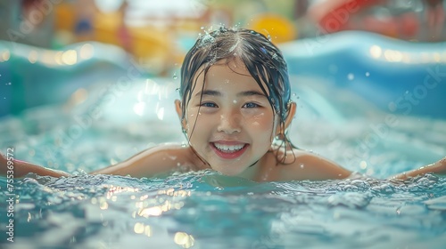 A happy Asian little girl having fun in water in water park with a blurry backdrop and water splashes and space for text or product  Generative AI.