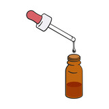 Eye dropper and amber glass bottle with liquid drop as vector illustration