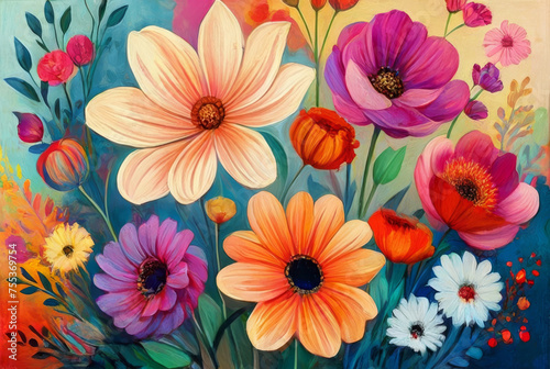 Wallpaper Mural Seamless pattern with colorful flowers on dark background. Vector illustration. Torontodigital.ca