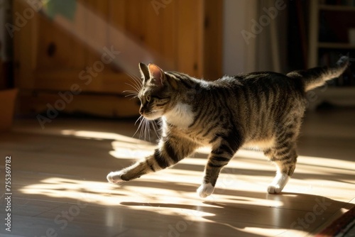 A Manx cat chasing its shadow in a sunny room
