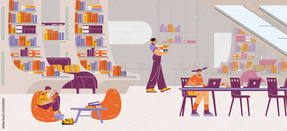 Modern library reading vector illustration set