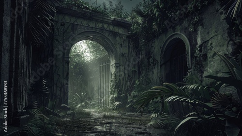 Abandoned Colonial Fort at Night Background - Haunting illustration of an abandoned colonial fort under the moonlight, its crumbling walls overtaken by the jungle created with Generative AI Technology photo