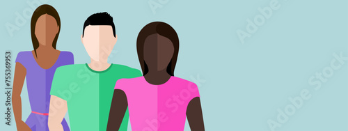 Group of multicultural people both male and female standing in line with copy space in a flat design vector